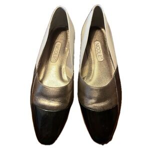 Vintage Flats Womens 8M Tri-Tone Black Patent Metallic White Art Deco Toe
